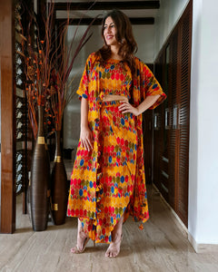 GEOMETRIC PRINT LONG JACKET WITH NOODLE STRAP BUSTIER AND DHOTI PANTS