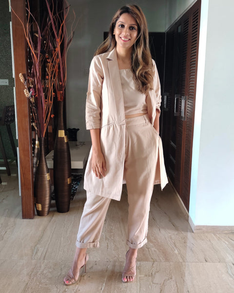 BEIGE LONG JACKET CO ORD WITH TUBE BUSTIER & PANTS