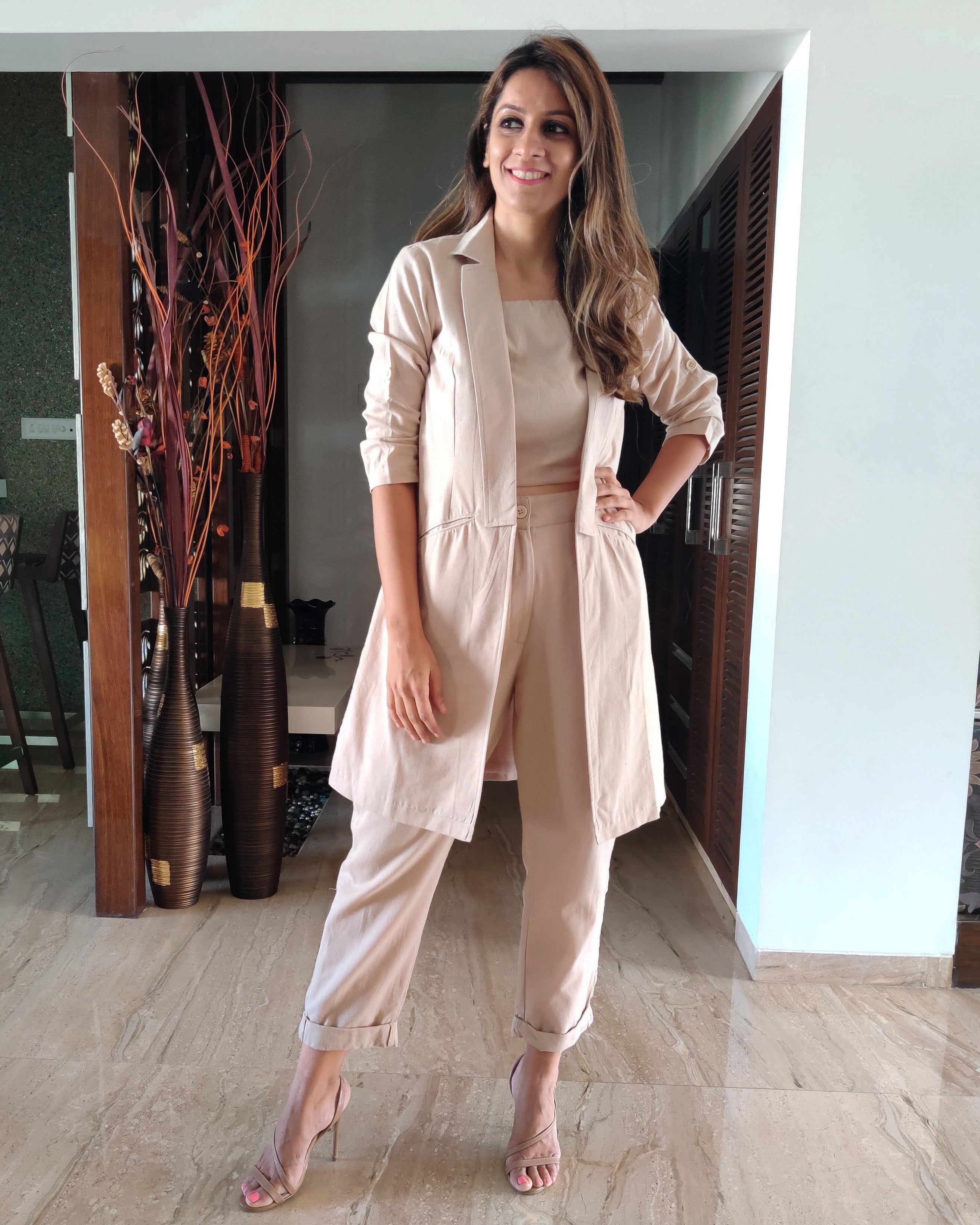 BEIGE LONG JACKET CO ORD WITH TUBE BUSTIER & PANTS