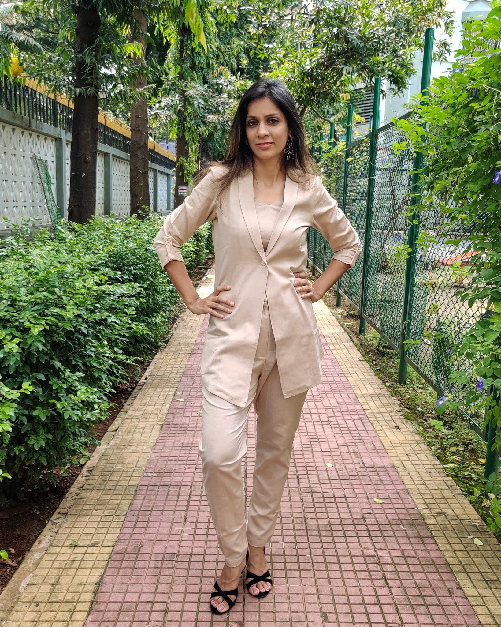 #BOSSLADY - BEIGE 3 PIECES SET WITH LONG BLAZER JACKET, TUBE BUSTIER AND PANTS