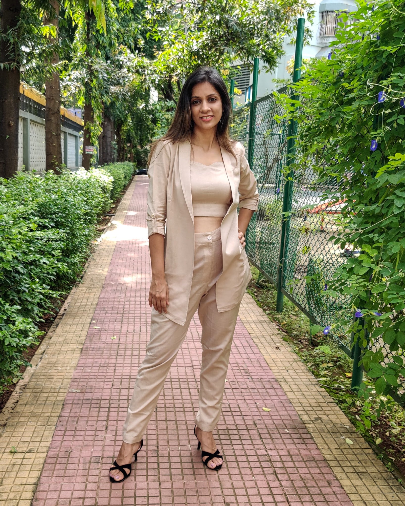 #BOSSLADY - BEIGE 3 PIECES SET WITH LONG BLAZER JACKET, TUBE BUSTIER AND PANTS