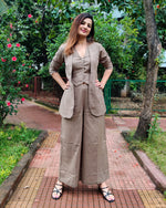 Load image into Gallery viewer, KHAKHEE GREEN BELL-BOTTOM PANTS WITH HALTER VEST COAT AND LONG BLAZER
