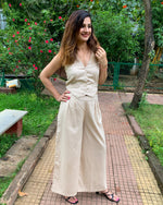 Load image into Gallery viewer, #FLARE IT - BEIGE BELL-BOTTOM PANTS WITH HALTER VEST COAT (WITHOUT BLAZER)
