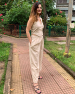 Load image into Gallery viewer, #FLARE IT - BEIGE BELL-BOTTOM PANTS WITH HALTER VEST COAT (WITHOUT BLAZER)
