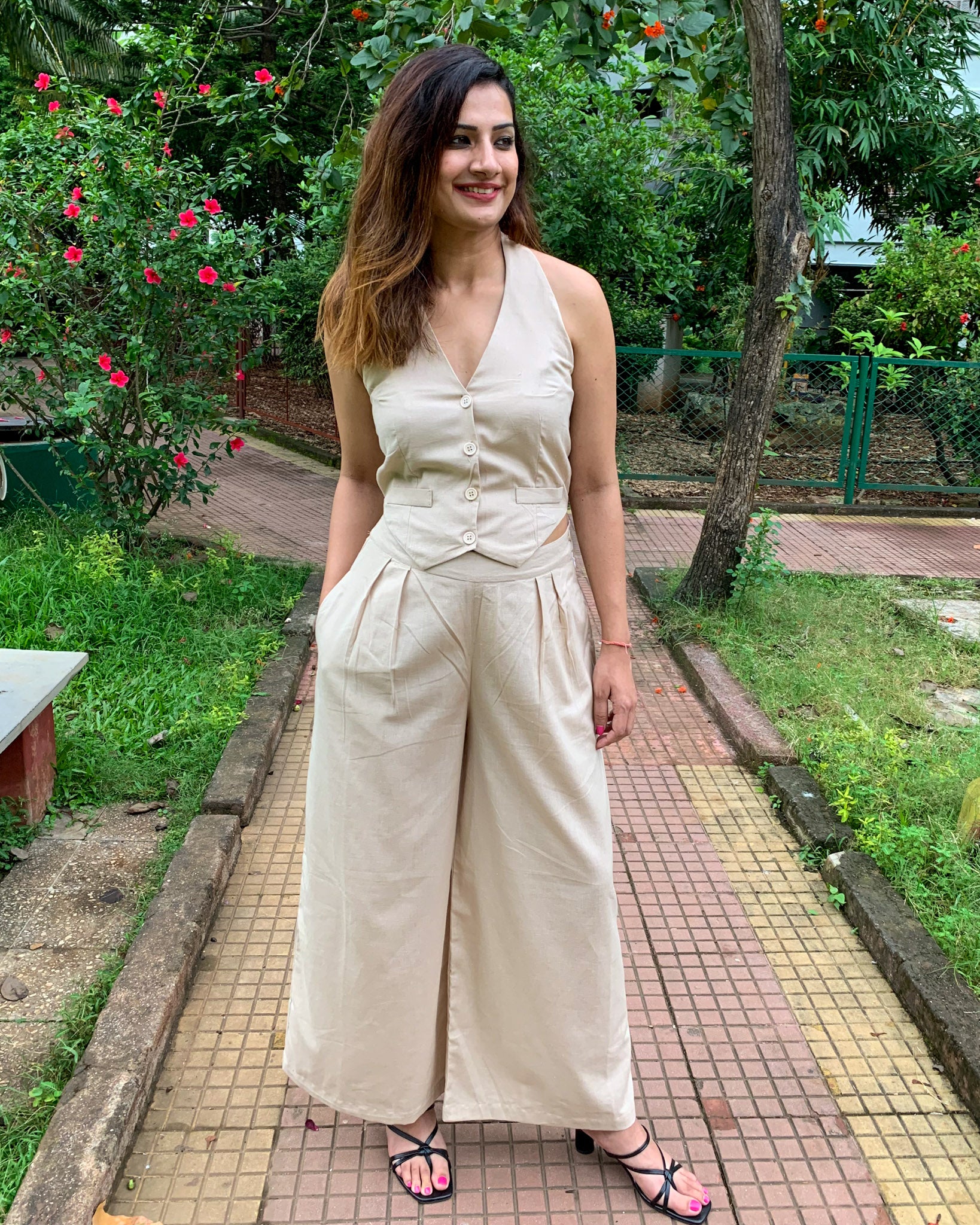 #FLARE IT - BEIGE BELL-BOTTOM PANTS WITH HALTER VEST COAT (WITHOUT BLAZER)