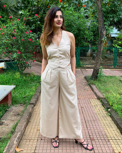 #FLARE IT - BEIGE BELL-BOTTOM PANTS WITH HALTER VEST COAT (WITHOUT BLAZER)