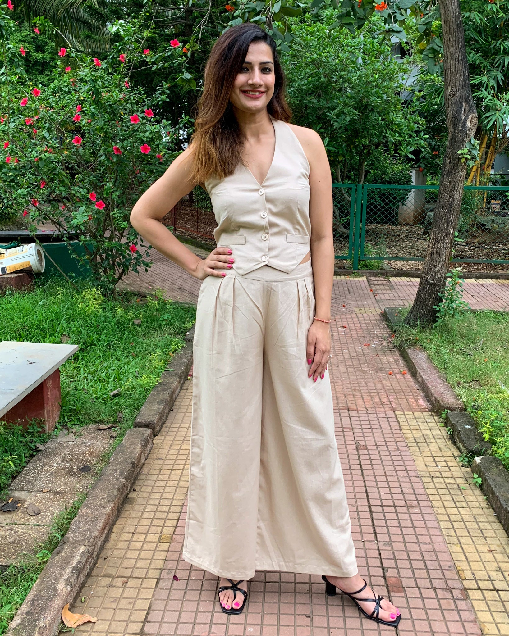 #FLARE IT - BEIGE BELL-BOTTOM PANTS WITH HALTER VEST COAT (WITHOUT BLAZER)