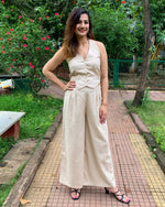 Load image into Gallery viewer, #FLARE IT - BEIGE BELL-BOTTOM PANTS WITH HALTER VEST COAT (WITHOUT BLAZER)
