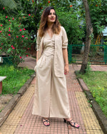Load image into Gallery viewer, #FLARE IT - BEIGE BELL-BOTTOM PANTS WITH HALTER VEST COAT AND LONG BLAZER
