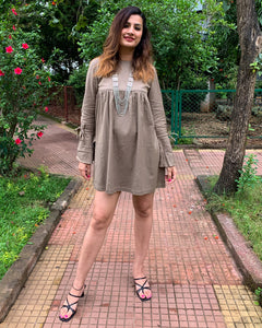 KHAKHEE GREEN COTTON LINEN MID DRESS WITH BELL SLEEVES