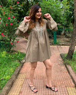 Load image into Gallery viewer, KHAKHEE GREEN COTTON LINEN MID DRESS WITH BELL SLEEVES
