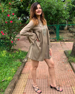 Load image into Gallery viewer, KHAKHEE GREEN COTTON LINEN MID DRESS WITH BELL SLEEVES
