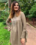 Load image into Gallery viewer, KHAKHEE GREEN COTTON LINEN MID DRESS WITH BELL SLEEVES
