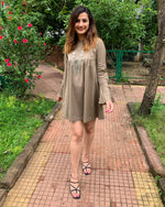 Load image into Gallery viewer, KHAKHEE GREEN COTTON LINEN MID DRESS WITH BELL SLEEVES
