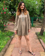 Load image into Gallery viewer, KHAKHEE GREEN COTTON LINEN MID DRESS WITH BELL SLEEVES
