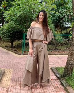 KHAKHEE GREEN OFF SHOULDER FLARED TOP PAIRED WITH FLARE PANTS