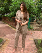 Load image into Gallery viewer, KHAKHEE GREEN 3 PIECES SET WITH LONG BLAZER JACKET, TUBE BUSTIER AND PANTS
