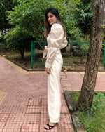 Load image into Gallery viewer, OFFWHITE GOLD THIN STRIPE FRONT ZIP OPENING HIGH BAND COLLAR JUMPSUIT WITH PUFF SLEEVE &amp; BELT
