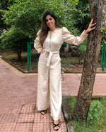 Load image into Gallery viewer, OFFWHITE GOLD THIN STRIPE FRONT ZIP OPENING HIGH BAND COLLAR JUMPSUIT WITH PUFF SLEEVE &amp; BELT
