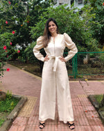 Load image into Gallery viewer, OFFWHITE GOLD THIN STRIPE FRONT ZIP OPENING HIGH BAND COLLAR JUMPSUIT WITH PUFF SLEEVE &amp; BELT
