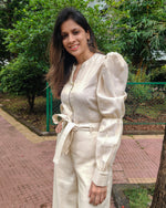Load image into Gallery viewer, OFFWHITE GOLD THIN STRIPE FRONT ZIP OPENING HIGH BAND COLLAR JUMPSUIT WITH PUFF SLEEVE &amp; BELT
