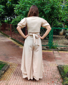 BEIGE PUFF SLEEVES FRONT TIEUP TOP PAIRED WITH FLARE PANTS