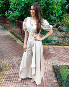 BEIGE PUFF SLEEVES FRONT TIEUP TOP PAIRED WITH FLARE PANTS