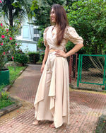 Load image into Gallery viewer, BEIGE PUFF SLEEVES FRONT TIEUP TOP PAIRED WITH FLARE PANTS

