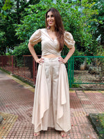 Load image into Gallery viewer, BEIGE PUFF SLEEVES FRONT TIEUP TOP PAIRED WITH FLARE PANTS
