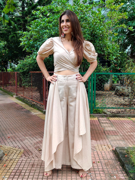 BEIGE PUFF SLEEVES FRONT TIEUP TOP PAIRED WITH FLARE PANTS