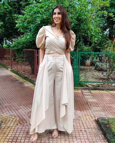 BEIGE PUFF SLEEVES FRONT TIEUP TOP PAIRED WITH FLARE PANTS