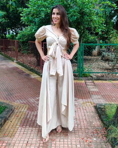 BEIGE PUFF SLEEVES FRONT TIEUP TOP PAIRED WITH FLARE PANTS