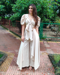 BEIGE PUFF SLEEVES FRONT TIEUP TOP PAIRED WITH FLARE PANTS