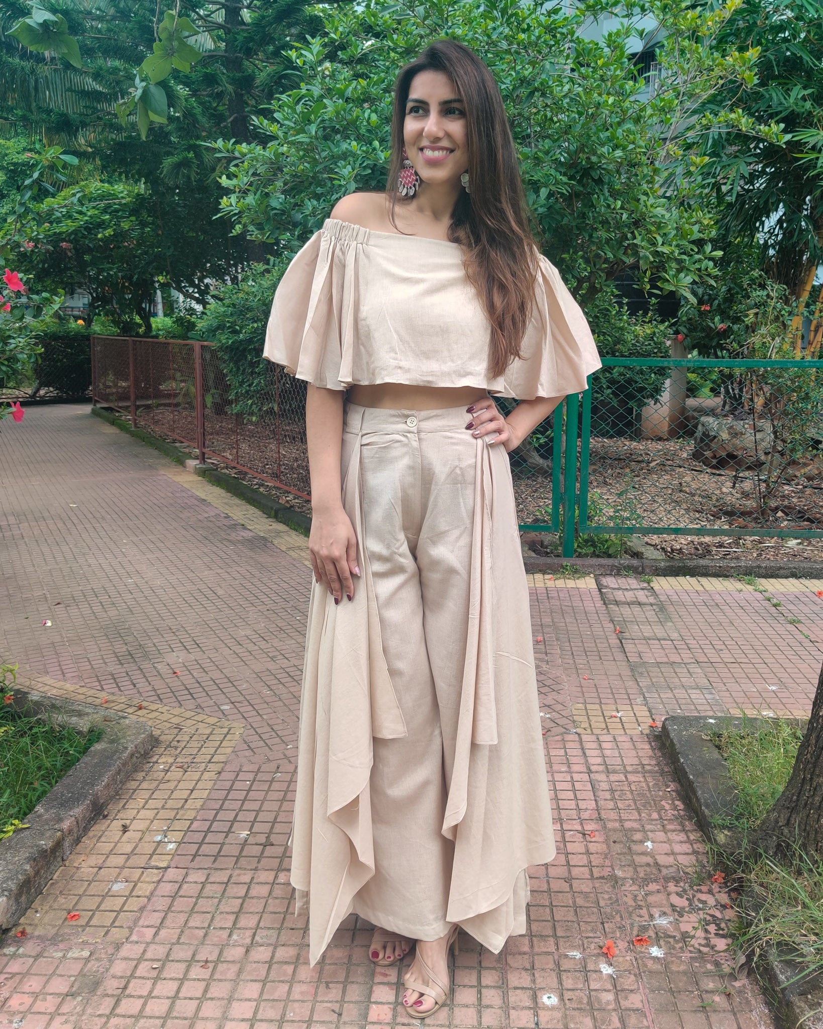 BEIGE OFF SHOULDER FLARED TOP PAIRED WITH FLARE PANTS