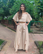 Load image into Gallery viewer, BEIGE OFF SHOULDER FLARED TOP PAIRED WITH FLARE PANTS
