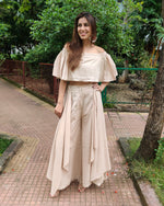 Load image into Gallery viewer, BEIGE OFF SHOULDER FLARED TOP PAIRED WITH FLARE PANTS
