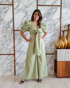 PISTA FRONT TIE UP AND PUFFED SHORT SLEEVED JUMPSUIT
