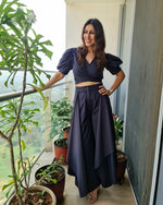 Load image into Gallery viewer, CHARCOAL BLACK PUFFED SLEEVES TOP WITH TIE UP DETAIL PAIRED WITH FLARED PANTS
