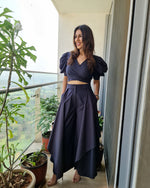 Load image into Gallery viewer, CHARCOAL BLACK PUFFED SLEEVES TOP WITH TIE UP DETAIL PAIRED WITH FLARED PANTS
