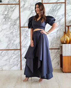 CHARCOAL BLACK PUFFED SLEEVES TOP WITH TIE UP DETAIL PAIRED WITH FLARED PANTS