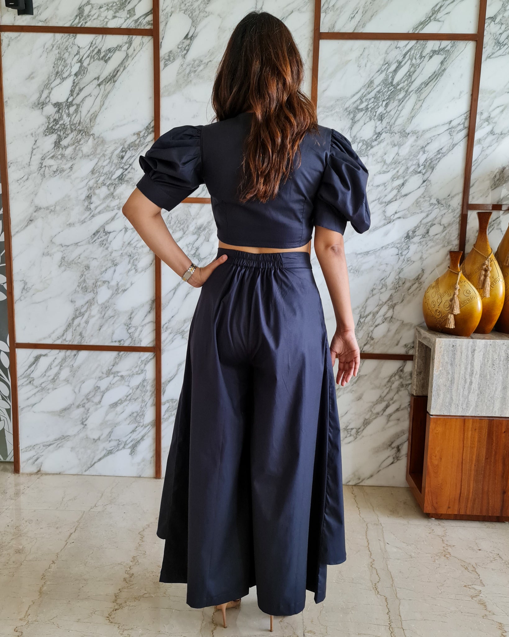 CHARCOAL BLACK PUFFED SLEEVES TOP WITH TIE UP DETAIL PAIRED WITH FLARED PANTS