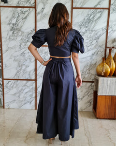 CHARCOAL BLACK PUFFED SLEEVES TOP WITH TIE UP DETAIL PAIRED WITH FLARED PANTS