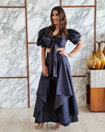 Load image into Gallery viewer, CHARCOAL BLACK PUFFED SLEEVES TOP WITH TIE UP DETAIL PAIRED WITH FLARED PANTS
