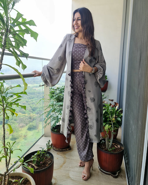GREY LEAF PRINT JACKET WITH POLKA DOTS SPAGHETTI BUSTIER AND HAREM PANTS