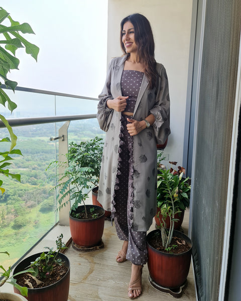 GREY LEAF PRINT JACKET WITH POLKA DOTS SPAGHETTI BUSTIER AND HAREM PANTS