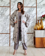 Load image into Gallery viewer, GREY LEAF PRINT JACKET WITH POLKA DOTS SPAGHETTI BUSTIER AND HAREM PANTS
