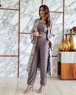 Load image into Gallery viewer, GREY LEAF PRINT JACKET WITH POLKA DOTS SPAGHETTI BUSTIER AND HAREM PANTS
