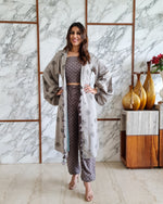 Load image into Gallery viewer, GREY LEAF PRINT JACKET WITH POLKA DOTS SPAGHETTI BUSTIER AND HAREM PANTS
