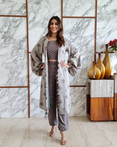 GREY LEAF PRINT JACKET WITH POLKA DOTS SPAGHETTI BUSTIER AND HAREM PANTS