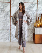 Load image into Gallery viewer, GREY LEAF PRINT JACKET WITH POLKA DOTS SPAGHETTI BUSTIER AND HAREM PANTS
